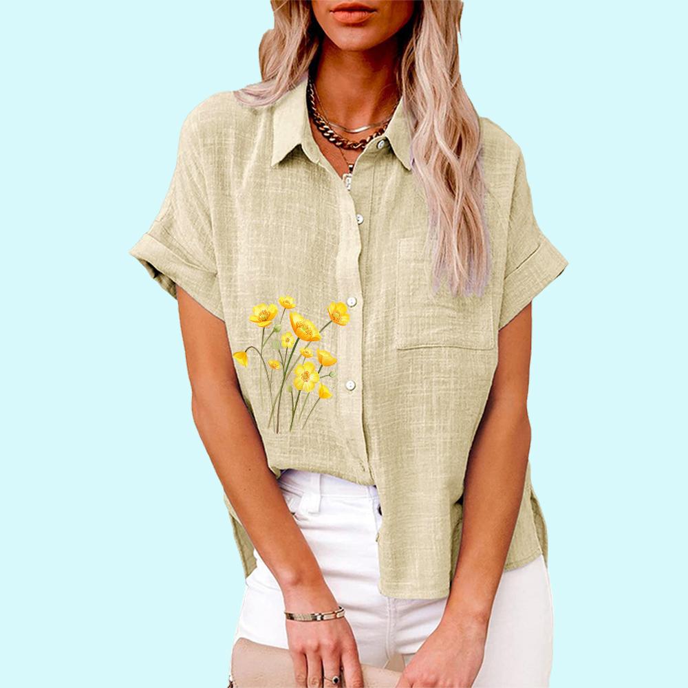 Большие размеры Женская мода цветочный принт блузка повседневная льняная футболка женская свободная рубашка с коротким рукавом на пуговицах