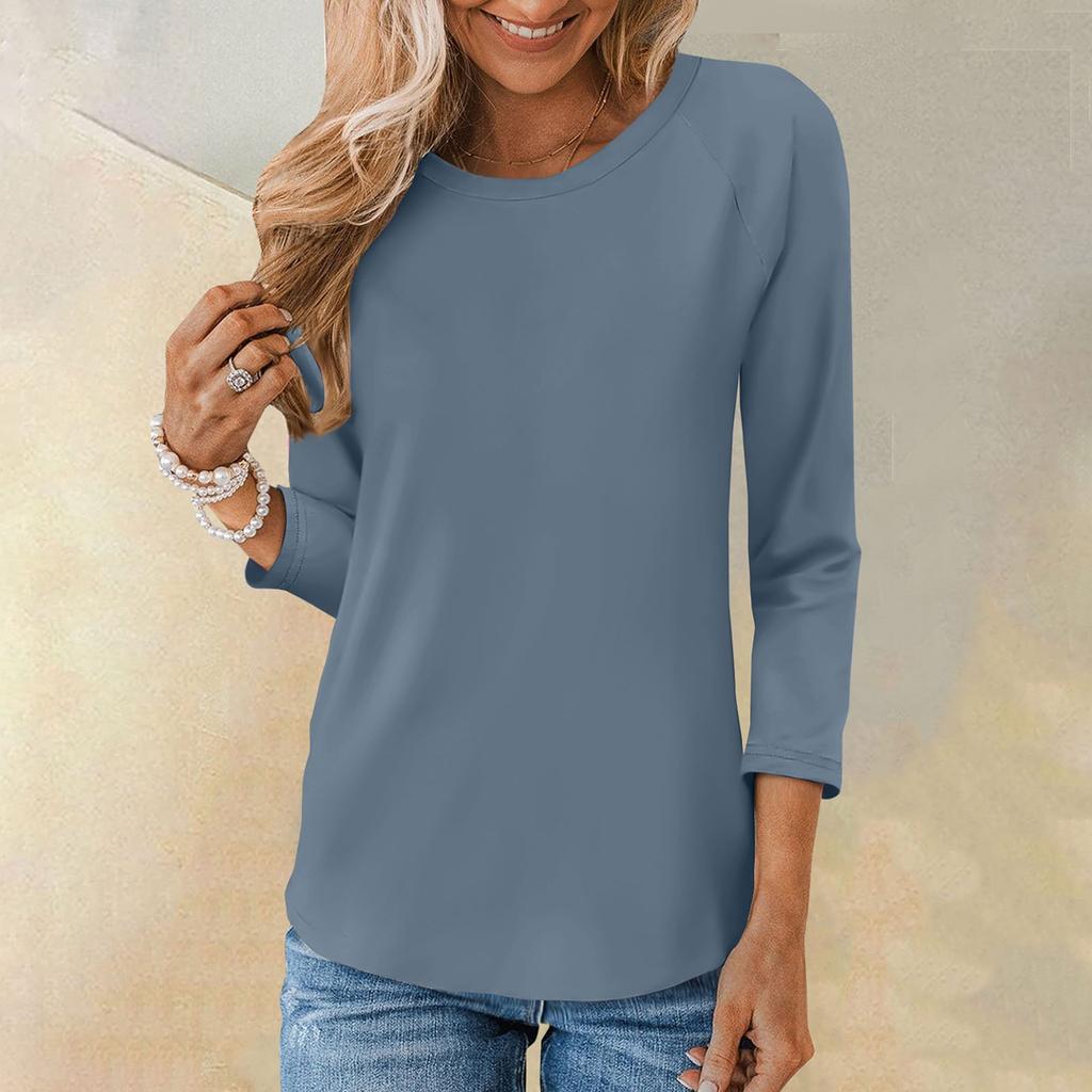 Рубашка для женщин, модная повседневная свободная однотонная футболка с рукавами реглан и круглым вырезом, рукав 3/4, женский топ