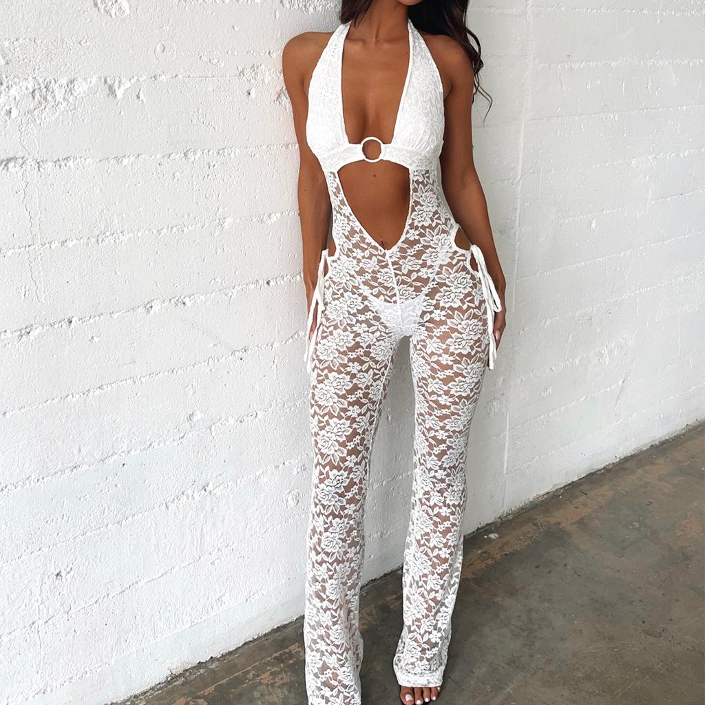 Женский обтягивающий комбинезон с кружевом и вырезом-халтер, без рукавов, длинные брюки, показывающие пупок, однотонный боди для лета