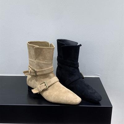 Мода Винтажные женские сапоги в стиле ковбойши Модные короткие ботильоны с пряжкой на поясе Женские лаконичные квадратные туфли на низком каблуке