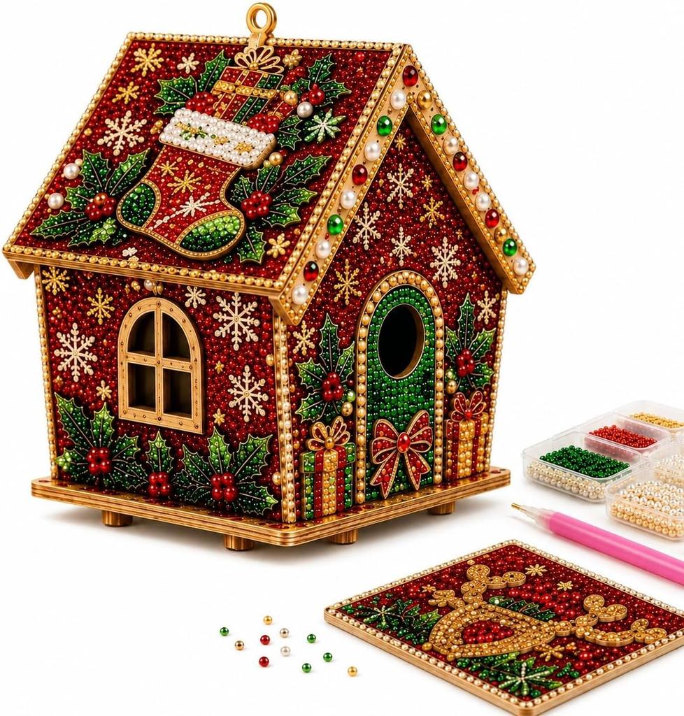 3D Christmas House Diamond Painting Kit, Wooden Pearl Art Craft, DIY 6 Wooden Panels with Pearls and Diamonds, Festive Tabletop Display, Holiday Decor