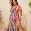 Rainbow Print Halter Bikini & Cover-Up 3-Piece Swimsuit Set