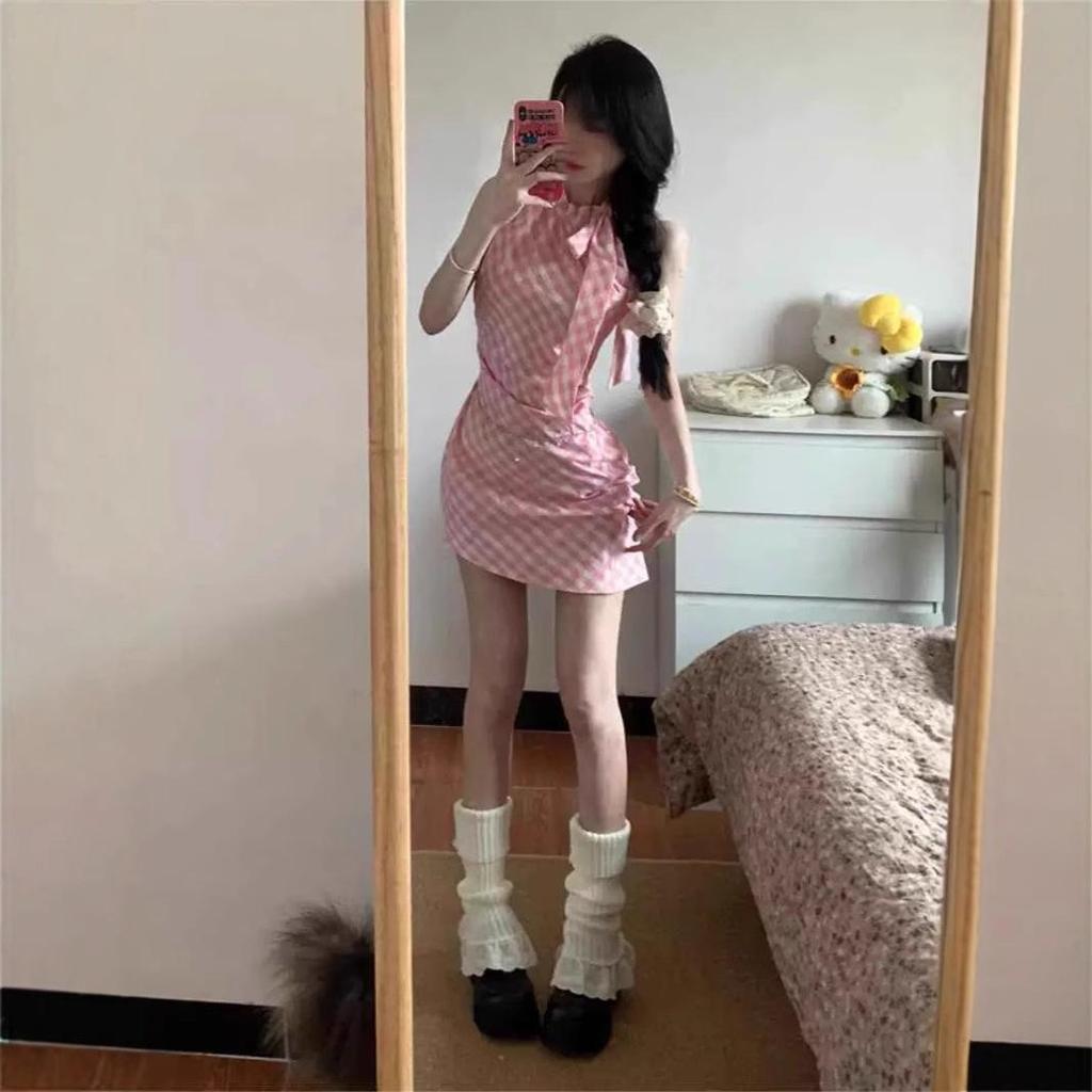 Women's Pink Plaid Halter Dress: Summer Irregular Mini with Bow and Waist-Hugging Design