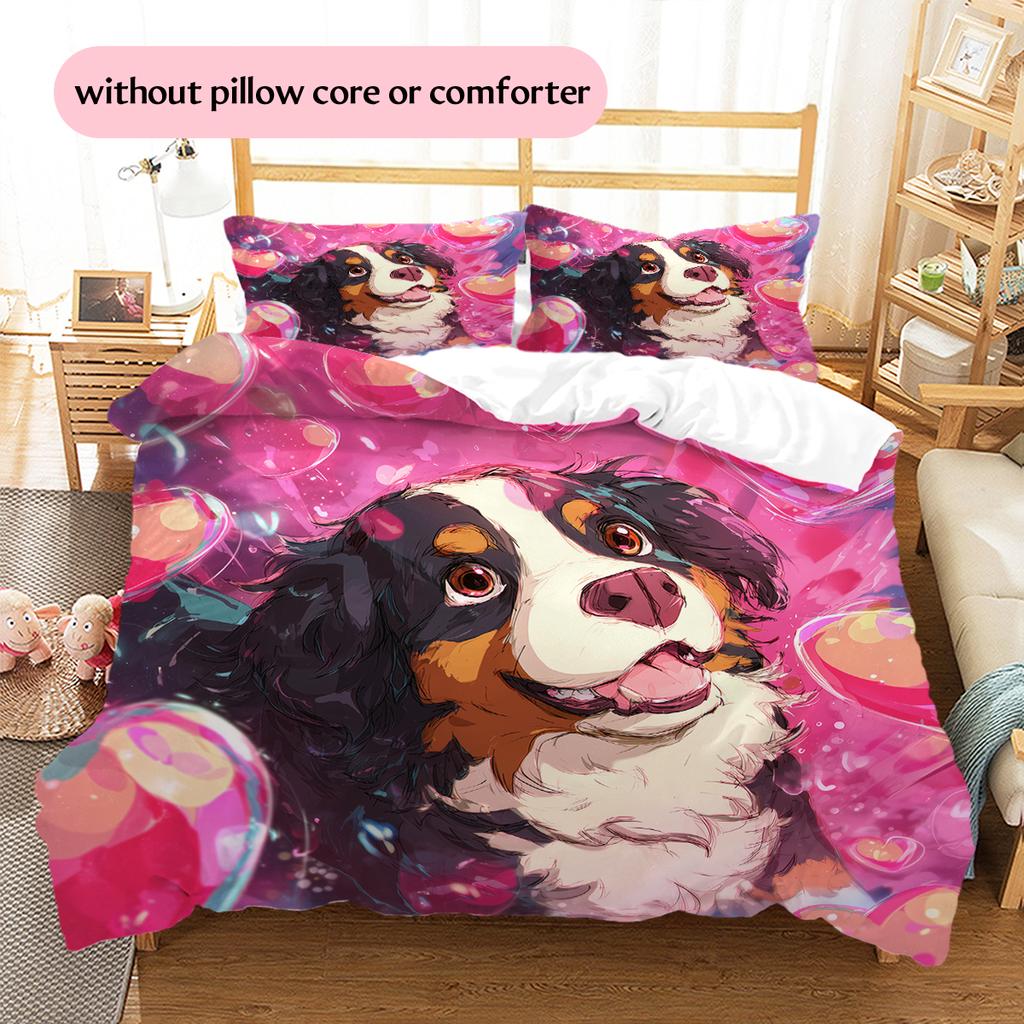 Pink Bernese Mountain Dog Pattern Bedding Home Decoration Birthday Gift (1 * duvet cover + 2 * pillowcase, without core)