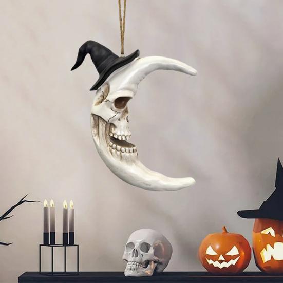 Подвеска-полумесяц с черепом, Хэллоуинская лунная подвеска, готическая смоляная лунная подвеска в шляпе волшебника для украшения стены, двери, крыльца