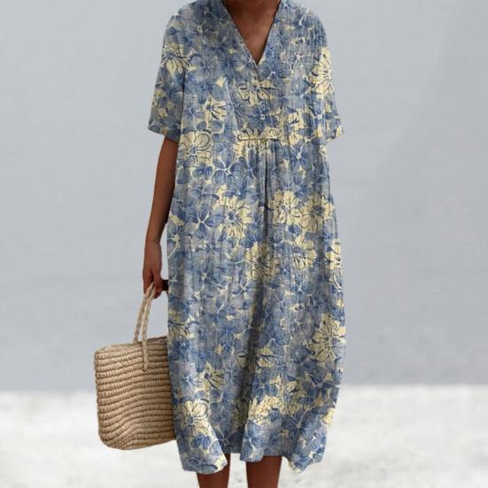 Женское платье с цветочным принтом, платье с коротким рукавом и v-образным вырезом, летнее повседневное платье трапециевидной формы, пуловеры в богемном стиле, платье для вечеринки, повседневная одежда, отпуск