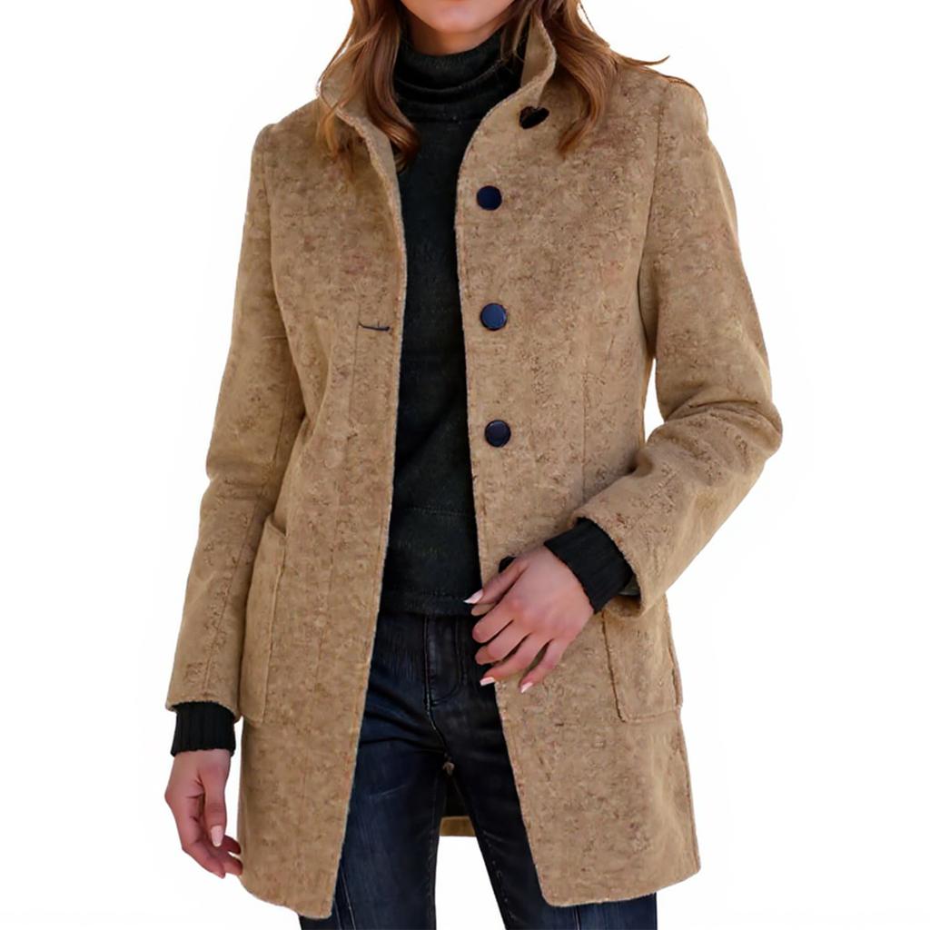 Ladies' Casual And Fashionable Solid Color Button Up Collar Woolen Coat