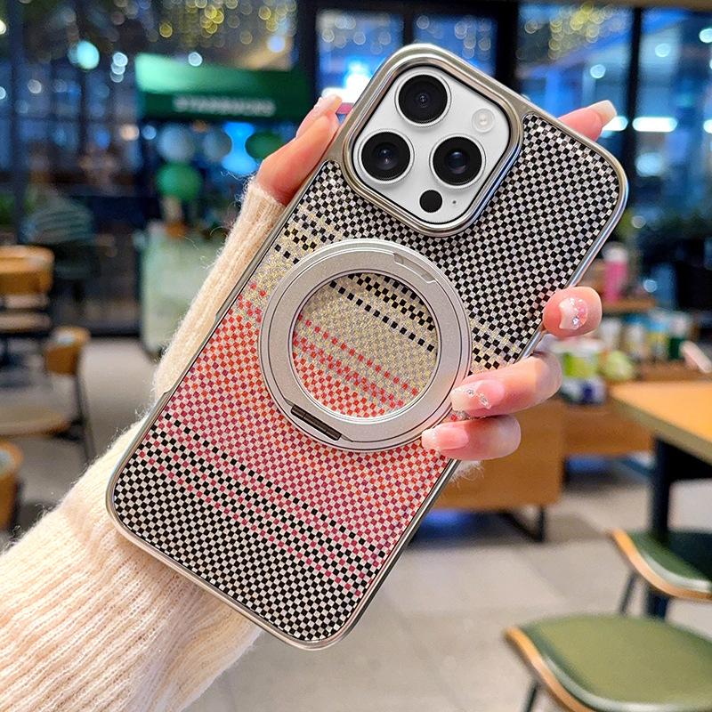 For iPhone 16 Pro Magnetic Case Kickstand Electroplated PC + PU Leather Phone Back Cover