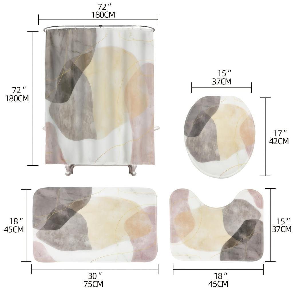 4pcs Shower Curtain Set With Shower Curtain And Rugs Abstract Block Non-Slip Bath Mat Toilet Lid Cover 12 Hooks Bathroom Decor