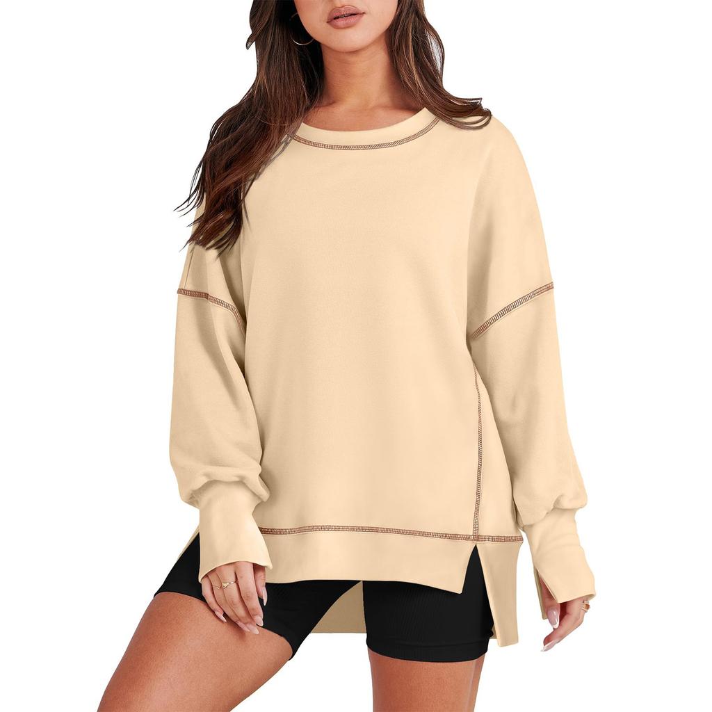Women's Casual Loose Fitting Pullover Sweatshirt Solid Color Split Stitch Long Sleeved Sweatshirt