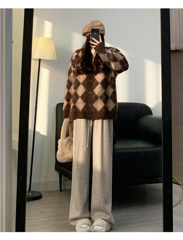 Женские брюки большого размера кофейно-коричневые с широкими штанинами и текстурой липкого риса - Весенне-осенние повседневные длинные брюки свободного кроя