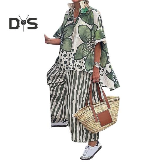 Женский комплект из двух предметов с цветочным принтом, свободный топ с коротким рукавом и широкими брюками, летний повседневный уличный стиль в стиле бохо