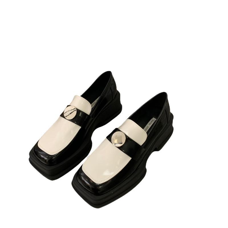 Женские туфли на толстой подошве с черным квадратным носком в британском стиле, маленькие кожаные туфли, обувь весна 2025, ретро лоферы, дизайнерские одинарные туфли