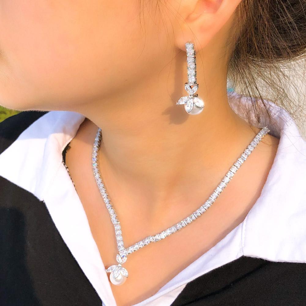 CMM Элегантные висячие серьги с белым фианитом, женское праздничное ожерелье, серьги, комплект ювелирных изделий из искусственного жемчуга