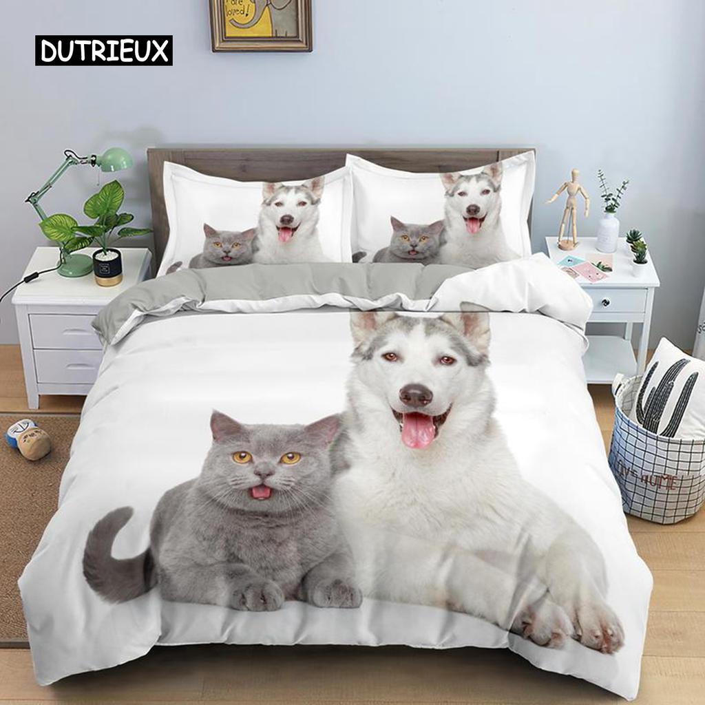 Пододеяльник и наволочки для кровати собаки и кошки Размер Queen Size Тема Животные Размер Twin Size Комплект постельного белья для сна для детей Мальчиков Девочек Уютная Микрофибра 3D Дизайн Щенок