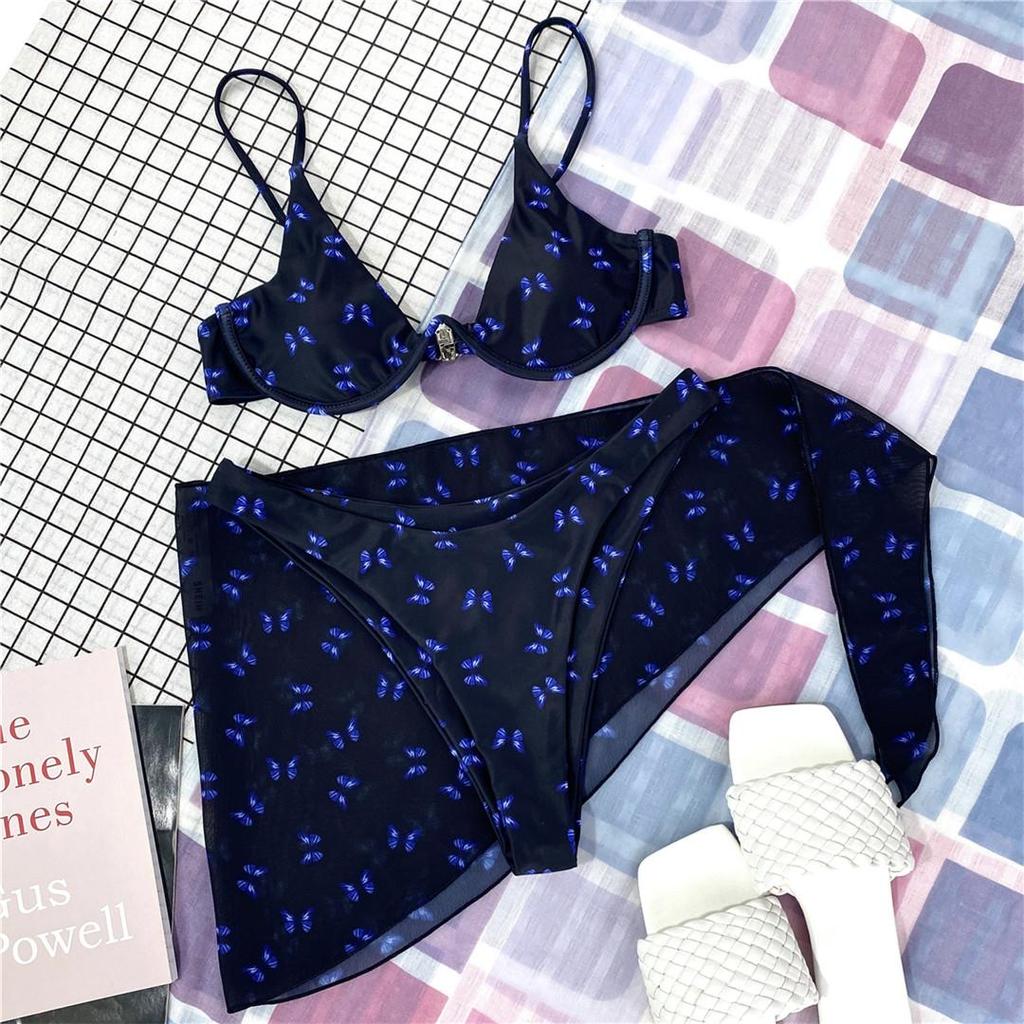 Женский купальник на косточках с бабочкой и V-образным вырезом, женский купальник, комплект из трех частей, комплект бикини, саронг, купальный костюм, купальный костюм