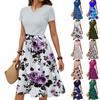 Women's Casual Fashion Belted Floral Print Short Sleeve Round Neck Elegant Dress