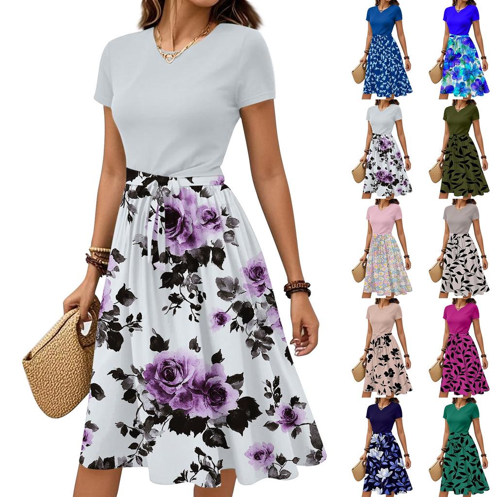 Women's Casual Fashion Belted Floral Print Short Sleeve Round Neck Elegant Dress