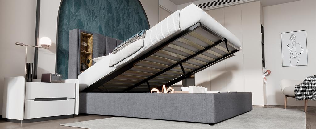 Double Bed with Wireless Charging USB C, Upholstered Bed Frame 180x200cm, with Storage Slatted Frame made of Wood-Natural Linen