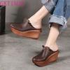 Fashion GKTINOO Women Leather Mules 9 CM High Heels Wedge Slippers Women Handmade Platform Genuine Leather Slippers Coffee Shoes 2024