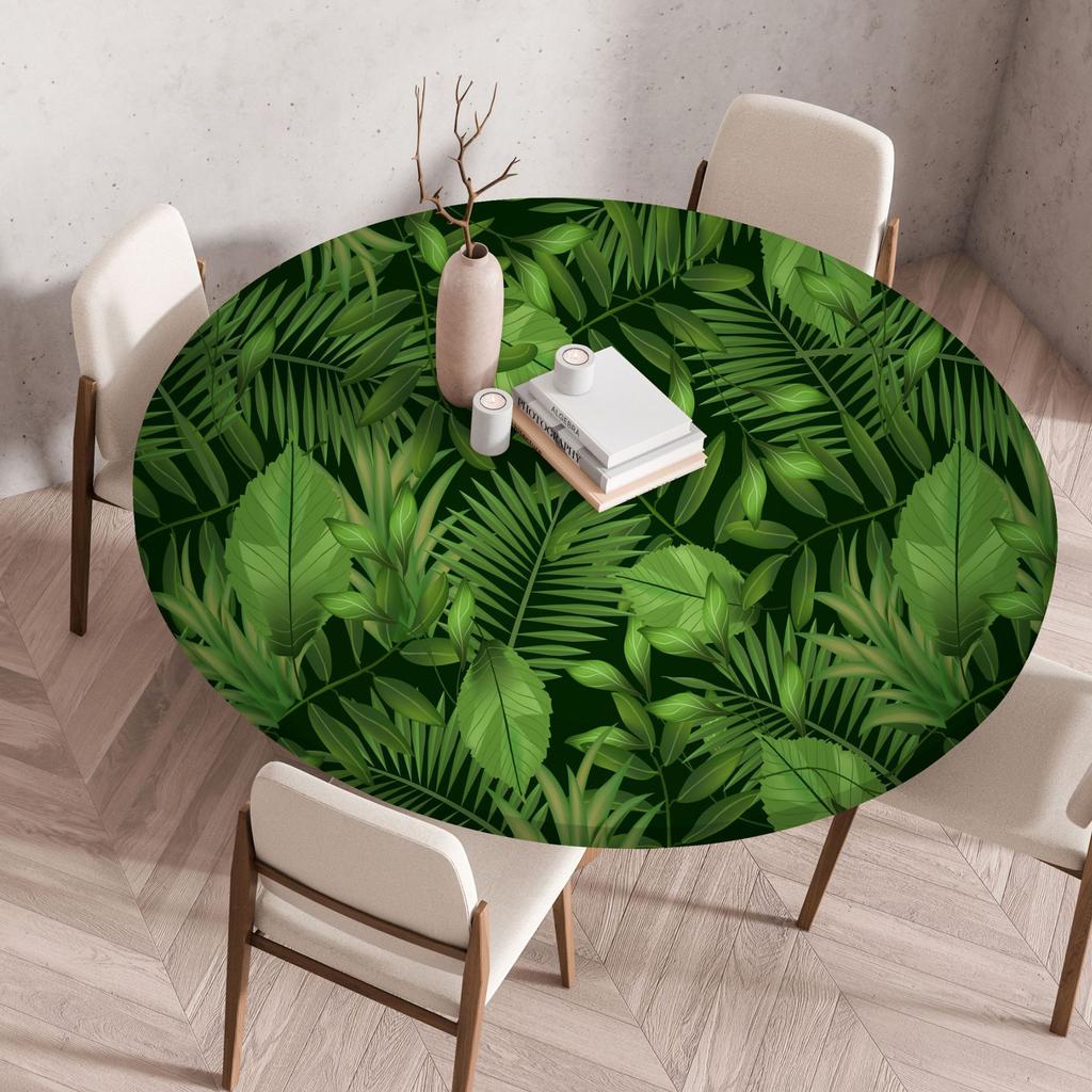 Waterproof Oil Proof Round Plastic Tablecloth With Elastic Edge Botanical Print Table Cover 60 To 140cm
