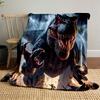 A fierce dinosaur with glowing red eyes and sharp claws amid lightning. for all seasons blanket lunch break throw gift