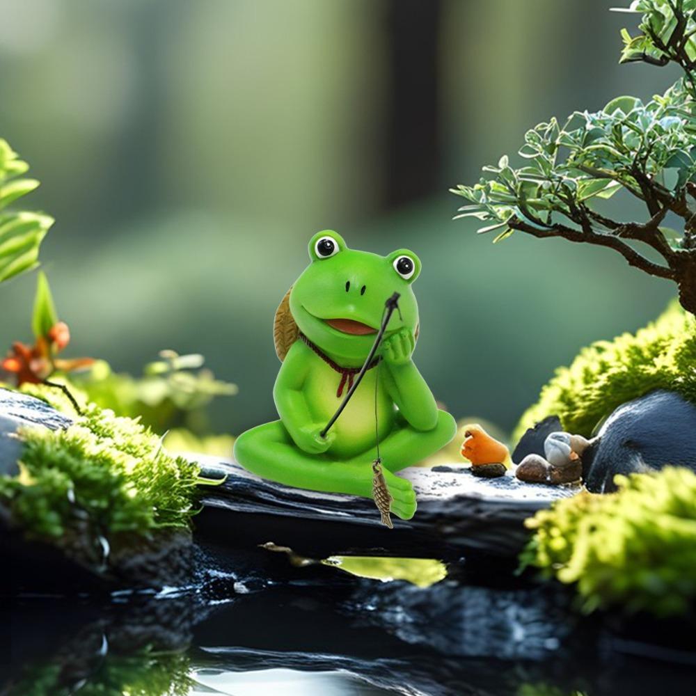 Cartoon Fishing Frog Figurine Green Animal Fishing Sculpture Outdoor Courtyard Pond