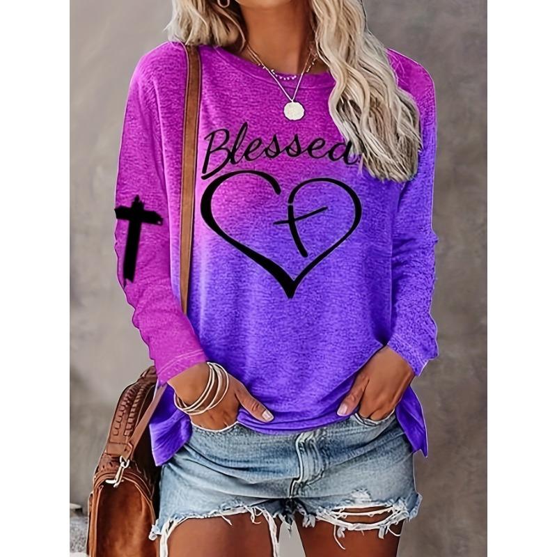 Letter and Heart Pattern Casual Long Sleeved Round Neck T-shirt for Women's Clothing