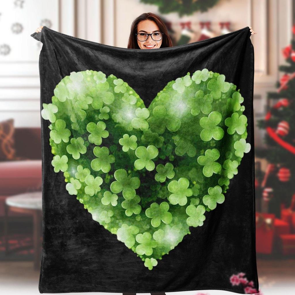 St Patricks Day clover hearts Flannel printed blanket suitable for all seasons suitable for living room office sofa and travel