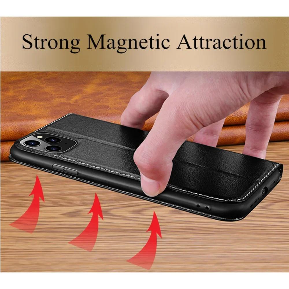 Genuine Leather Clear View Window Phone Case for IPhone 16 15 Plus 14 13 12 Pro Max Magnetic Flip Holder Cover