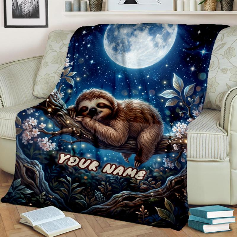 1PC Custom Name Moonlit Sloth Dreams blanket versatile,all-season throw suitable for the living room,bedroom,camping,travel,and gift