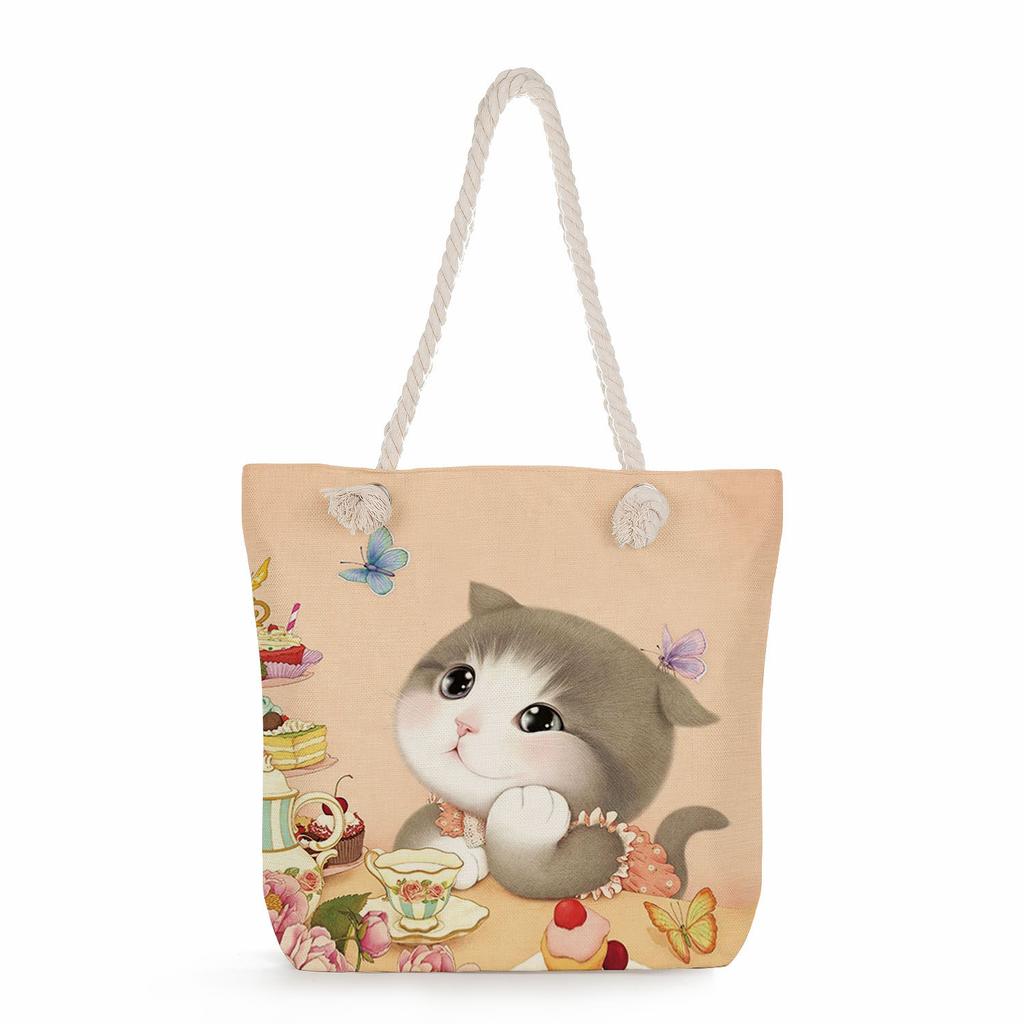 Cat print thick rope single-shoulder beach bag 7215 KTB