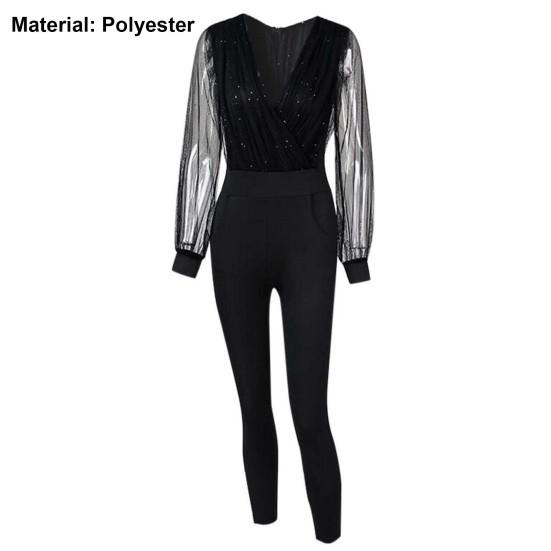 Женский весенний комбинезон, сетчатый обтягивающий элегантный комбинезон с V-образным вырезом и талией для офиса