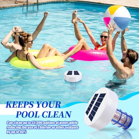 Solar Pool Ionizer Automatic Floating Pool Cleaner with LED Lights Solar Charging Chlorine-Free Pool Water Purifier Ionizer for Above Ground