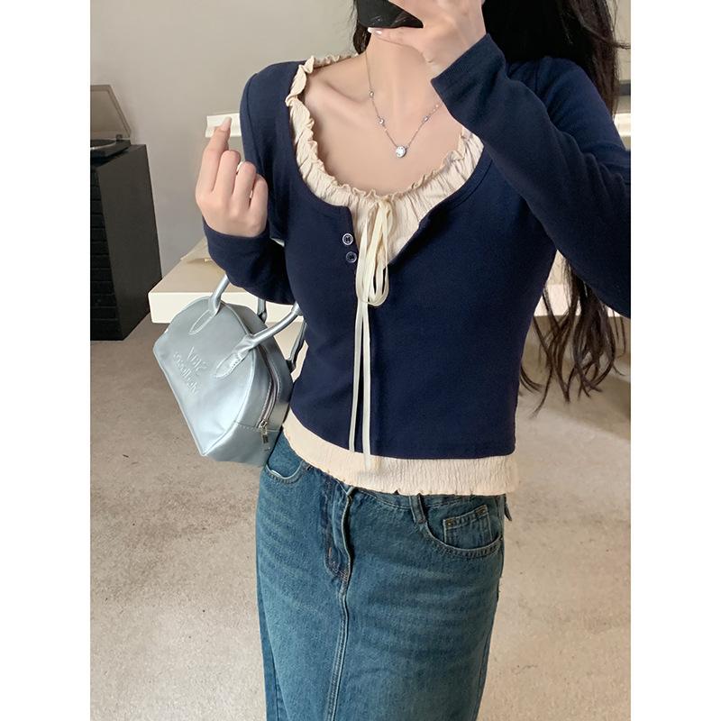 Темно-синяя французская футболка из двух частей с поддельным грибком по краю, с длинными рукавами для женщин на начало осени, горячая девушка, облегающий короткий топ