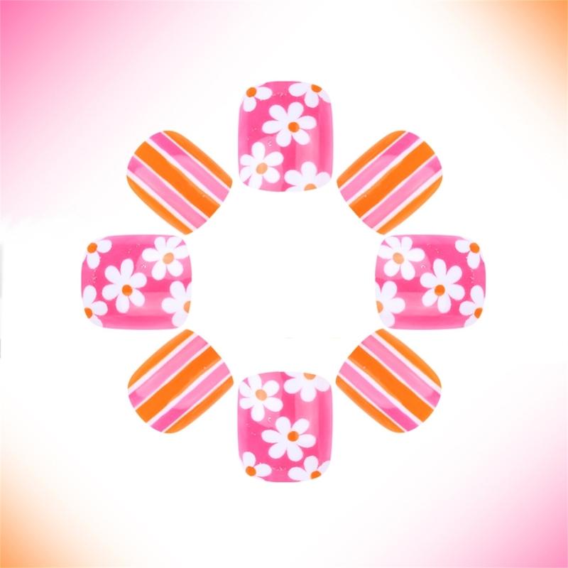 24pcs Short Square Acrylic Press On Nail With Flower Pattern For Women Full Coverage Glossy Finish False Nail