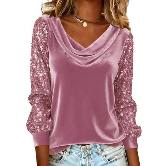 Женские топы с высоким воротником, пайетками, длинными рукавами, бархатной текстурой, блузка однотонная