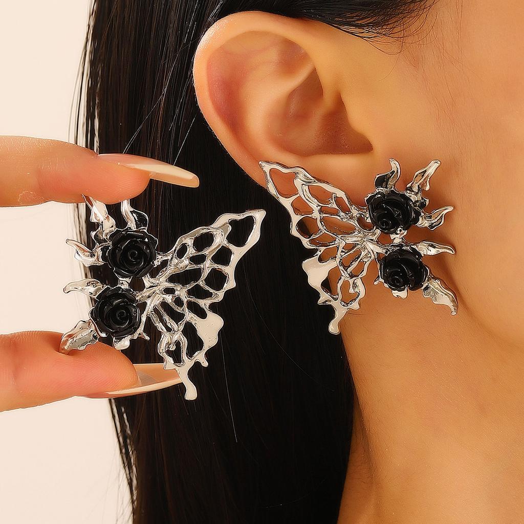 New European and American Dark Hollow Butterfly Rose Earrings with Cold Style Gothic Earrings