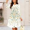 Women Plus Size Round Neck Long Sleeve Floral Printed Gathered Waist A Line Dress
