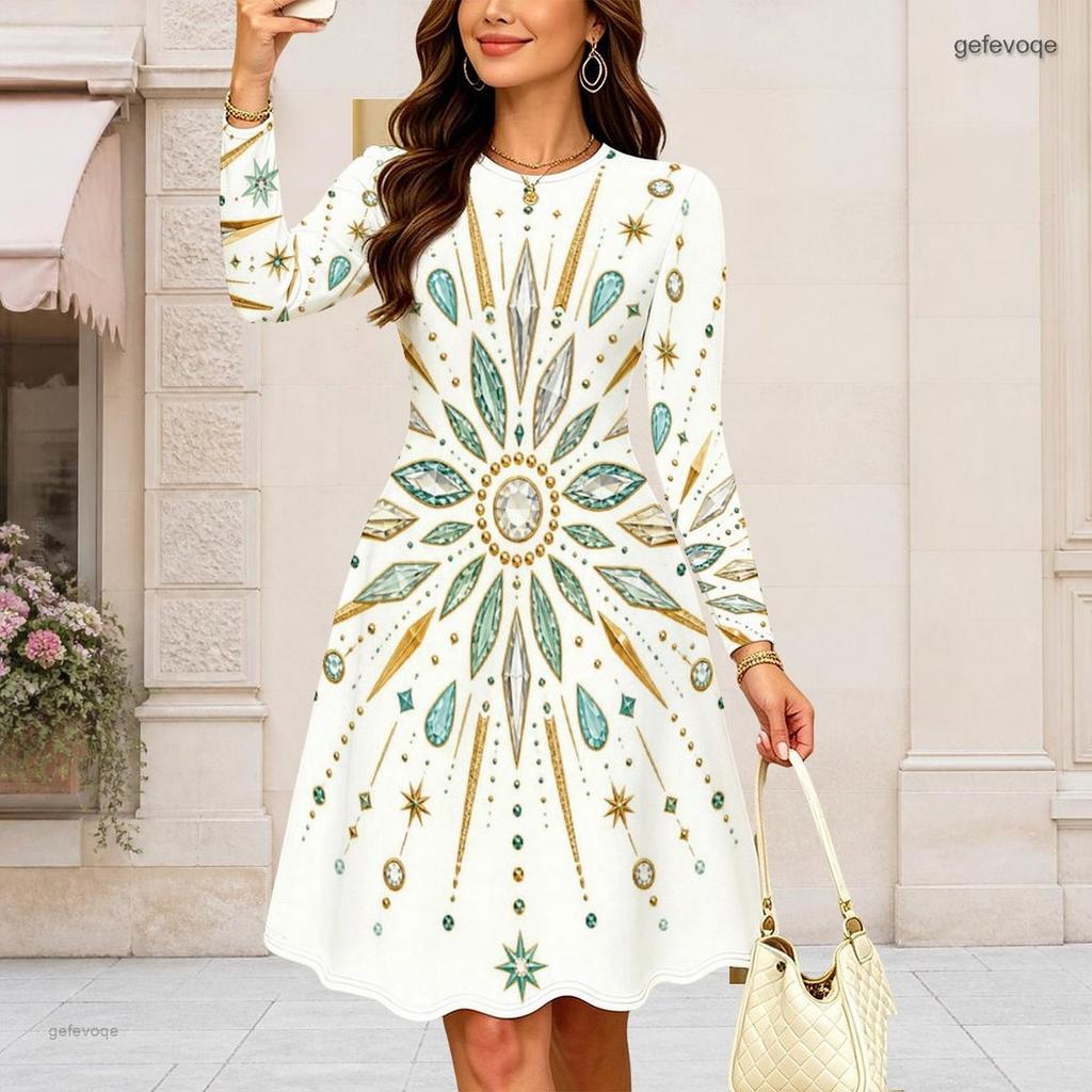 Women Plus Size Round Neck Long Sleeve Floral Printed Gathered Waist A Line Dress