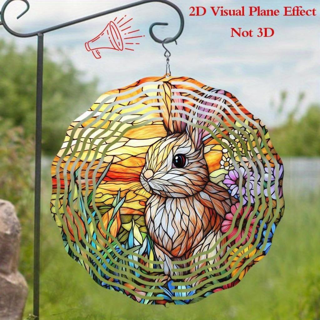 Stained Glass Rabbit Floral Wind Chime 10 Inch Double Sided Rotating Garden Decor for Outdoor Indoor Patio Porch Yard Wall Art
