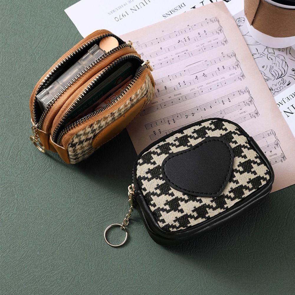 Printing Canvas Coin Purse Pu Leather Short Style Wallet Portable Houndstooth Zipper Purse  Outdoor