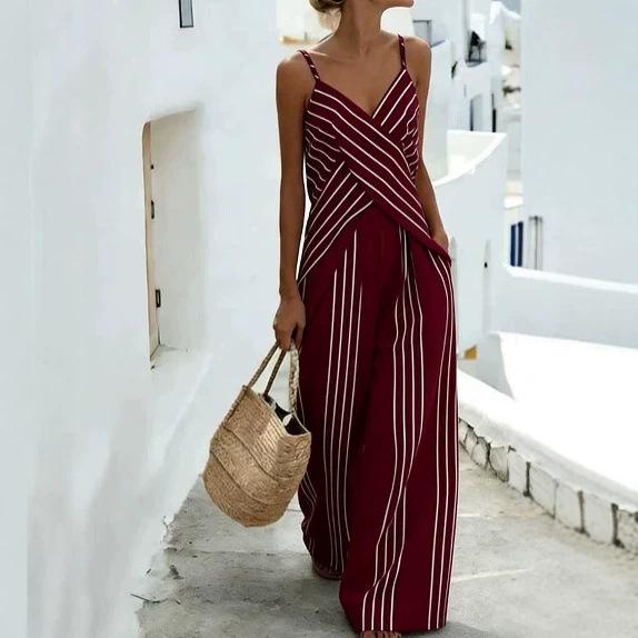 1116 European and American retro striped suspender vacation leisure pure desire senior women's V-neck suspender vest set