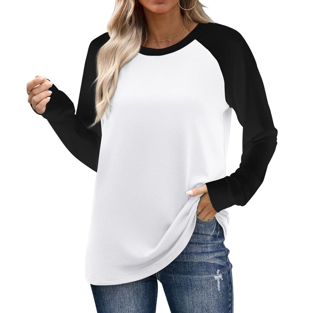 Женская темпераментная футболка с круглым вырезом, длинным рукавом и цветовой блокировкой,
