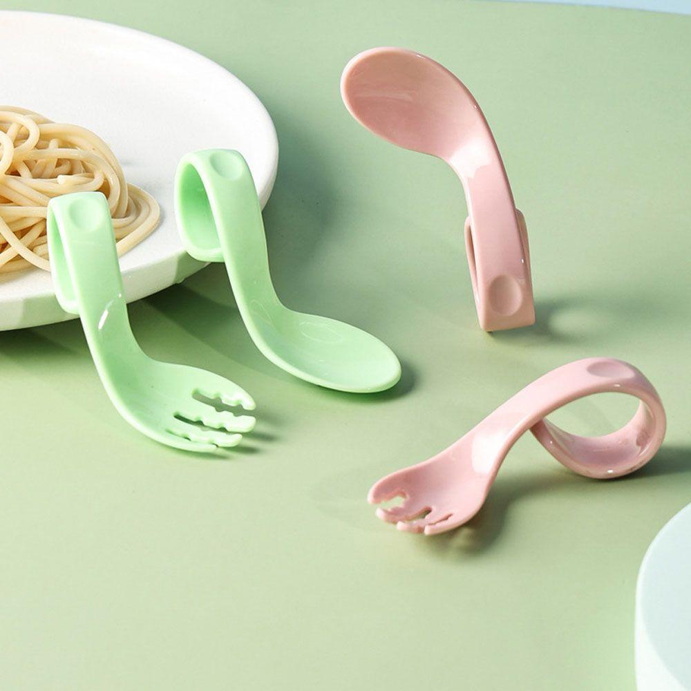 Curved Antislip Utensils Solid Color Twist Fork Spoon Suit 2Pcs/Set Infant Training Baby