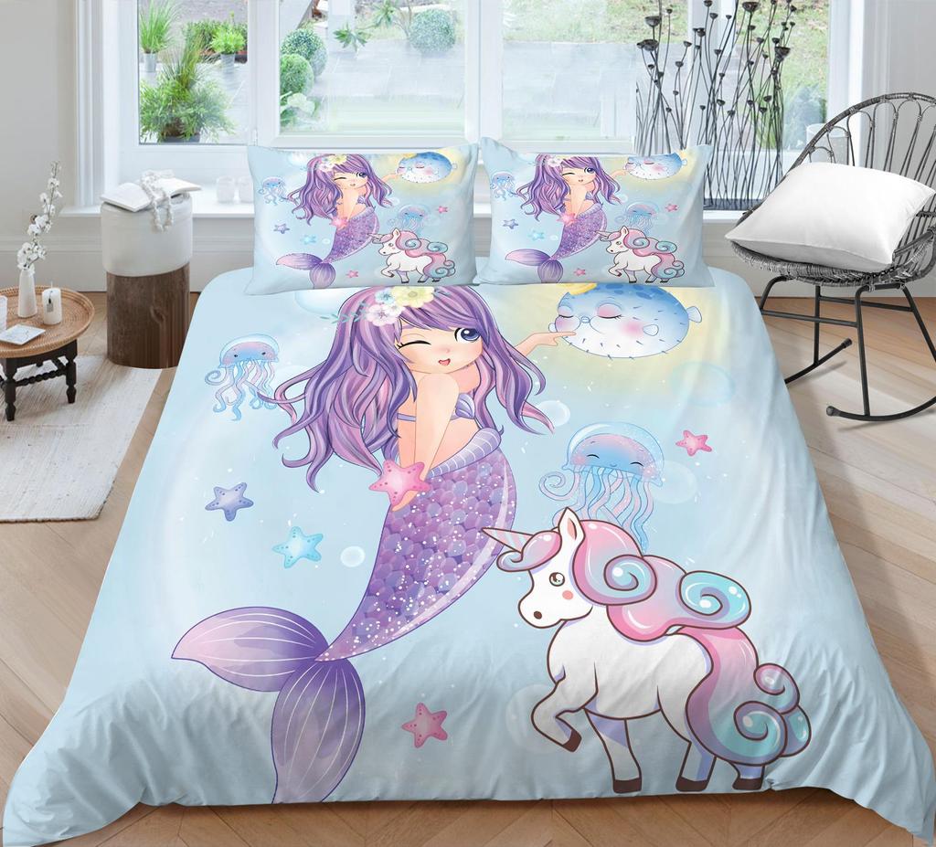 Mermaid Bedding 3D Girl Princess Room Duvet Cover Pillowcase 2/3pcs Single/double Bed Full-size Home Textile Girl Woman Gift