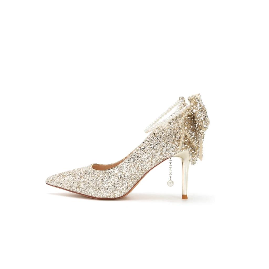 Осенние женские туфли-лодочки Роскошные туфли-лодочки со стразами, бантом, пайетками, цепочкой из жемчуга Удобные туфли на высоком каблуке Женская обувь для вечеринки и свадьбы