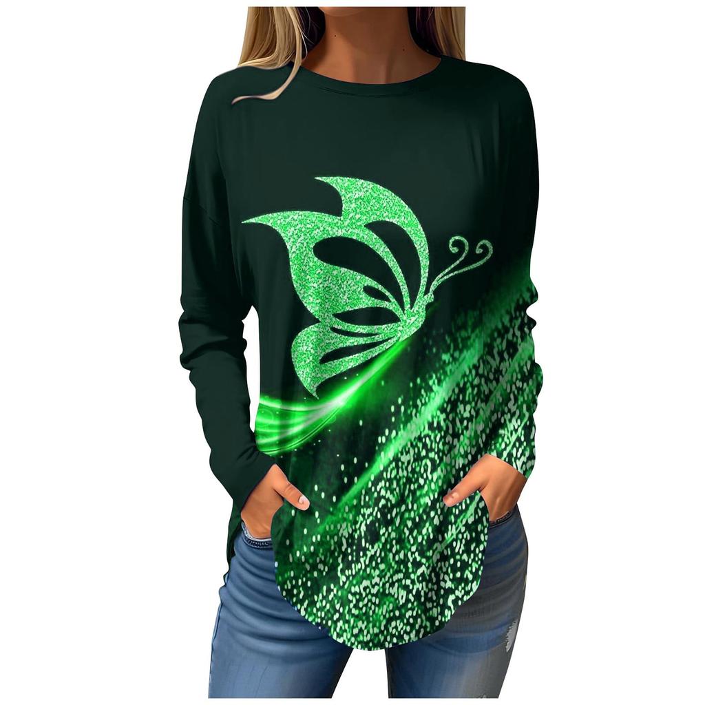 Women's 3d Printed Butterfly Flash T-shirt Fashion Long Sleeve Round Neck Regular Top Holiday Weekend Spring and Autumn Wear