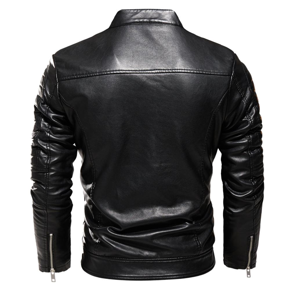 Winter Black Leather Jacket Men Fur Lined Warm Motorcycle Jacket Slim Street Fashion BLack Biker Coat Pleated Design Zipper