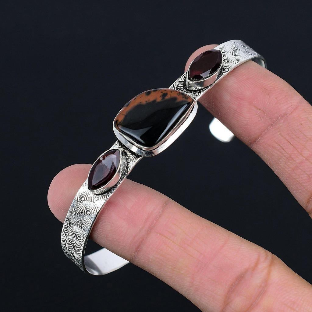 Триллион Махагоновый Обсидиан Драгоценный камень Гранат Жена Браслет Ювелирные изделия Стерлинговое серебро